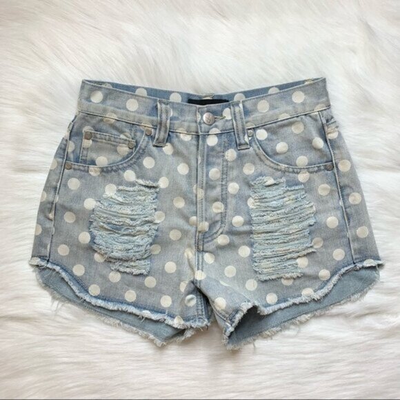 Revolve Mink pink Sugar Magnolia Jean Shorts Polka Dot Cut offs High Waist - Picture 8 of 16